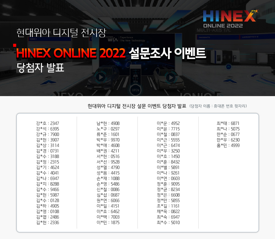 현대위아 디지털 전시장 HINEX ONLINE 2022 설문조사 이벤트 당첨자 발표